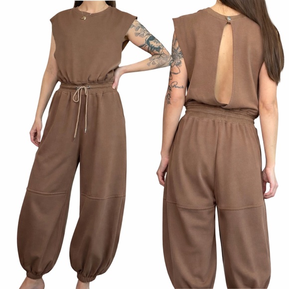 unbranded Pants - Mocha Brown Open Back Lounge Jumpsuit Sleeveless Drawstring Jogger Wide Leg Sm